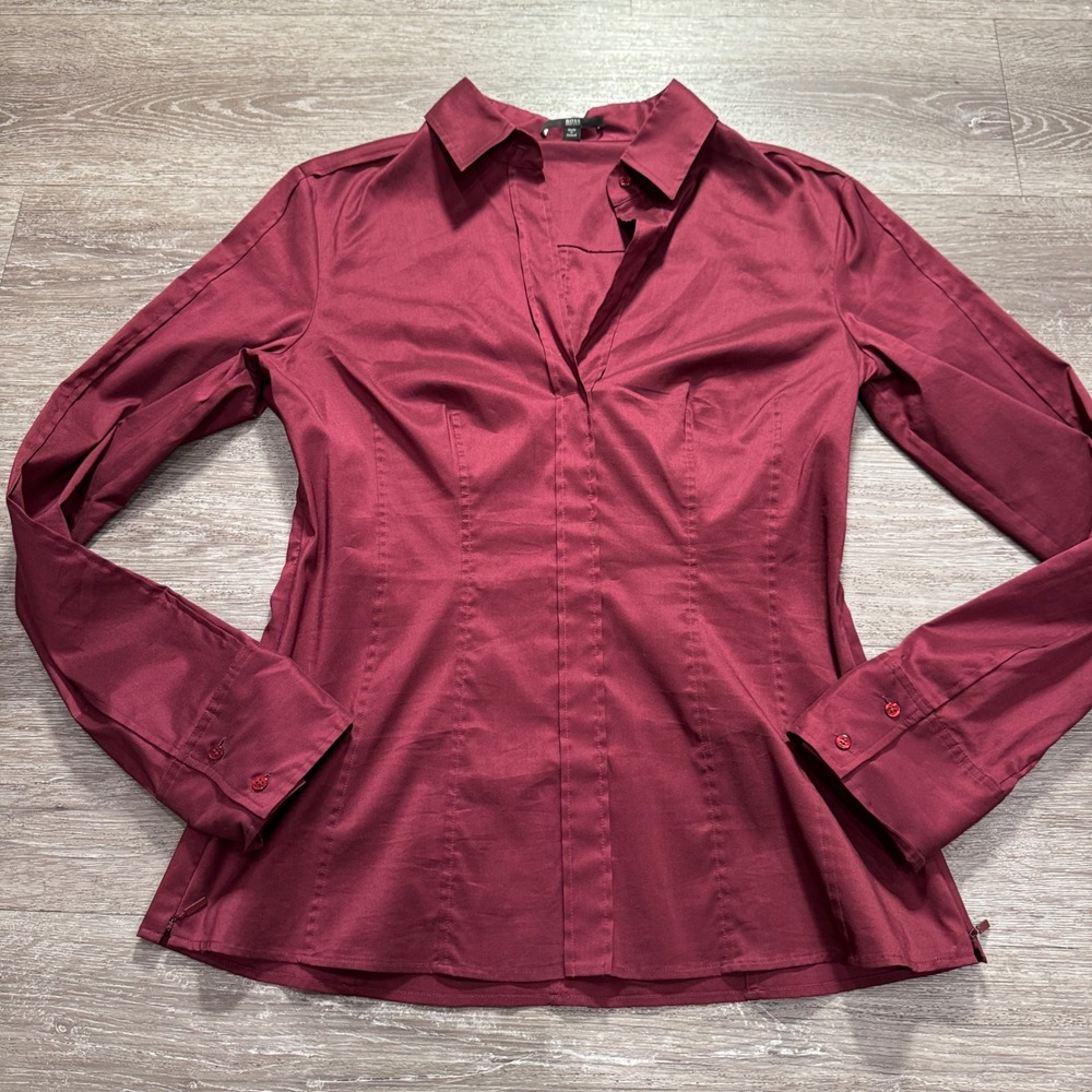 Hugo Boss Shirt Women 10 Burgundy Top Tailored Career Office Professional Blouse